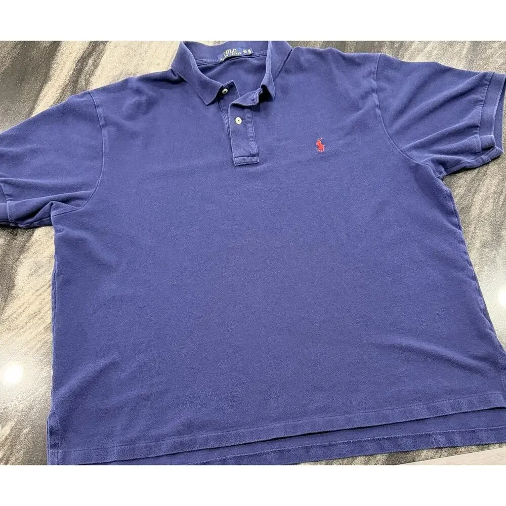 Polo Ralph Lauren Mens 2XB Blue Solid Polo Shirt Embroidered Logo Cotton Golf
